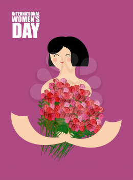 Woman holding large bouquet of red roses. Cheerful girl and lots of beautiful flowers. Poster for international womens day 8 march
