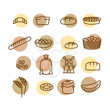 Bakery set of icons. Characters of food and bread. Windmill and the dough. Ears of wheat, corn and bag of flour. Bakery: Croissant and cake. Baguette and pancakes. Buns and pretzel
