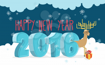 Happy new year 2016. Deer and gift. Christmas greeting card. 