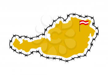Map Of Austria. Country closes  border against refugees. Map of States with barbed wire. European country protects its borders.  Austrian Flag. Surrounded by perimeter fence