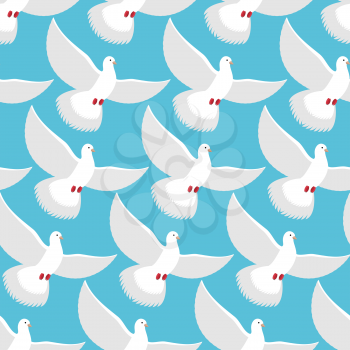 White Dove seamless pattern. Pigeons fly into  blue sky background. Ornament of flying birds. Texture for childrens fabrics
