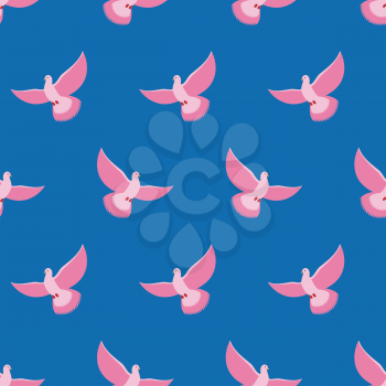 Pink Pigeon Seamless pattern. Pink bird is flying in blue sky background. Fantastic breed pigeons. Ornament for baby fabrics
