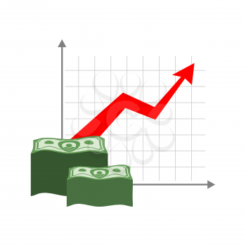 Graph growth money. Red up arrow. Increase in cash profit. Bundle of dollars. Increase amount of money savings. Element for business infographic

