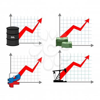 Graph growth of wealth set. Red up arrow. Increased profits of oil sales. Barrel of oil. Growth rate of  ruble. Russian national currency. Increased oil production oil rig. Increase  amount of cash