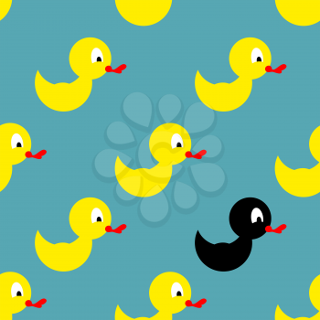 Childrens rubber toy for bathing. Yellow Duck seamless pattern. Vector background toy. Black Duck among yellow ducks.
