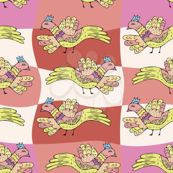  Primitive drawing birds. Cartoon seamless pattern with birds, decorative  background.