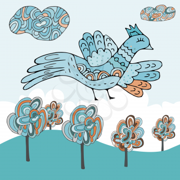 Cartoon cloud and birds pattern. decorative  background, primitive drawing.