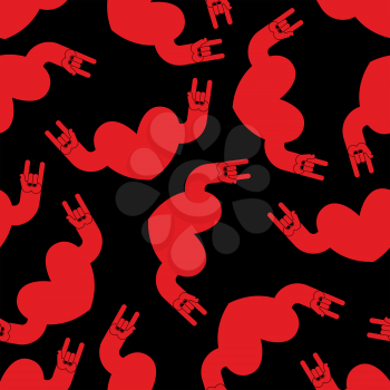 Heart rock hand sign seamless pattern. Background for rock club. Texture to fabric  for lovers of rock music.
