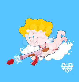 Valentines day. Cupid on cloud. Funny Angel with  gun. Cute curly haired boy with love gun. Illustration for February 14 holiday.
