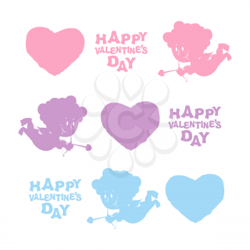 Set Valentines day. Heart, Cupid, and text. Cute Angel silhouette and bow and arrows.
