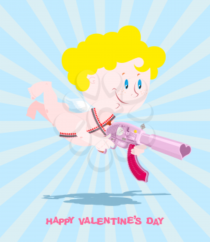 Valentines day. Valentine. Cupid and weapons. Love gun. Little angel with wings. Cute chubby boy with an automatic pistol. Illustration for holiday lovers 14 February. Machine gun tape
