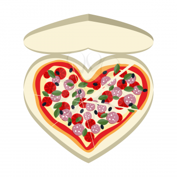 Pizza as a symbol of heart. In a paper box. Vector illustration food
