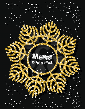 Golden snowflake.  Merry Christmas. Stylish dark greeting cards for new year. Luxuri snow.

