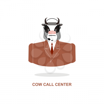 Cow call Center. Bull with  headset. Farm animal costume responds to phone calls. Customer feedback for farm. Customer service support.
