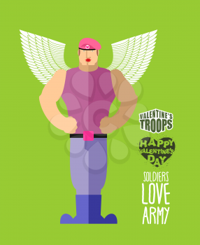Valentines soldiers. Cupid in uniform. Army of love. Military service on Valentines day. Soldiers in uniform with wings. Pink picks. Merry military uniforms
