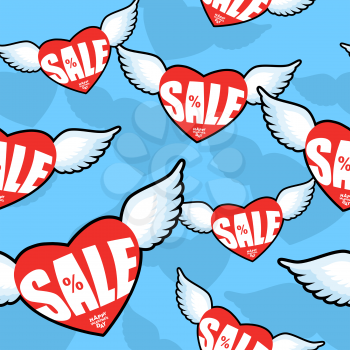 Sale heart seamless pattern. February Valentines day discounts. Ornament heart with wings. Red heart and Angel wings. Flying hearts texture for decorating shops in February.
