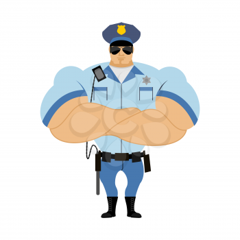 Police officer. Man in form of policing. Police man in bodybuilder shirt. Strong guardian of  law in CAP and with police baton. Hard strong police folded hands on chest.
