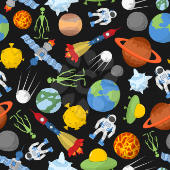 Space seamless pattern. Planets and rockets, UFO and alien, satellite and astronaut. Vector illustration
