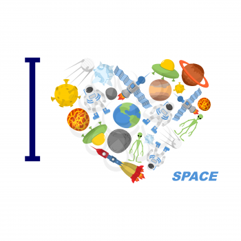 I love space. Heart symbol of cosmic elements: astronvty and the planet, UFO and alien. Spaceships and satellites. Vector illustration.
