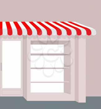 Storefront with striped roof. Red and white stripes of canopy over counter. Element of  building.
