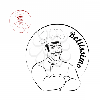 Italian chef. logo for restaurant. Bellissimo. Sign for a bakery or Cafe. Chef with crossed hands. Professional Cooking meal.
