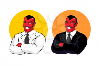 Devil in business suit. Red demon in white jacket. Satan with horns in black clothes. White shirt and black tie. Director of underworld Sheol. Chief of hell. Master in fires of hell. Satan with black 