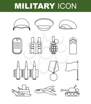 Military line icon. Set army symbol. Soldiers helmet. Green beret. Tank and battleship. Medal for bravery and Flagstaff. Cartridge belt and  bursting grenade.

