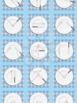 Dining etiquette seamless pattern. Background for menu of restaurant and Cafe. An empty plate, knife and fork. Cutlery texture.
