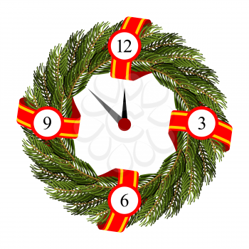 Christmas round frame of branches of Christmas tree. Dial on wreath of spruce branches.
