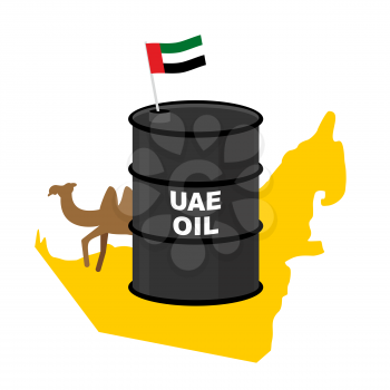 Barrel oil UAE  map background. Flag United Arab Emirates. Camel peeks out from behind barrels. Vector illustration