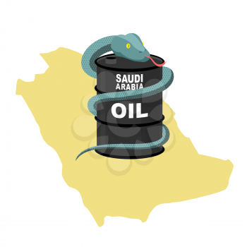Barrel oil in Saudi Arabia map background. Snake around  barrel. Vector illustration. Reptile in desert
