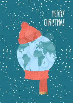 Merry Christmas. Planet Earth winter. Knitted scarf and hat. Snow falls. Greeting card for new year.
