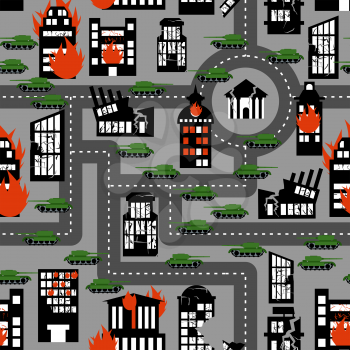 Tanks in seamless pattern. Background of hostilities. Conflict between political entities. Organized armed struggle. Fire and destroyed building.