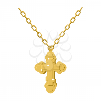 Golden cross necklace on chain of gold jewelry. crucifix Orthodox symbol of expensive jewelry. Christian and Catholic Accessory precious yellow metal. Fashionable Luxury treasure
