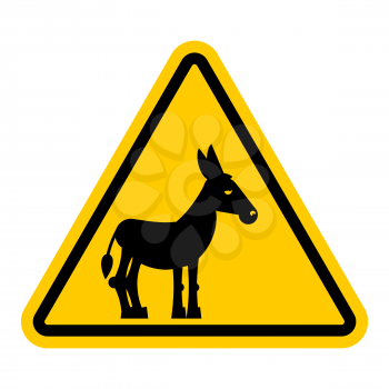 Warning sign attention donkey. Dangers yellow sign stupid man. Ass on yellow triangle. Set of road signs against idiocy. fool on road Warning
