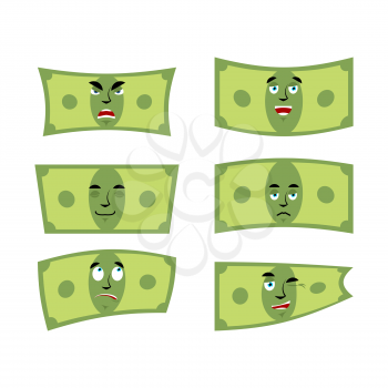 Set money. Dollar with emotions. Cheerful and angry cash. Surprise and sadness banknote. Sleepy dollar. Collection of financial emoticons
