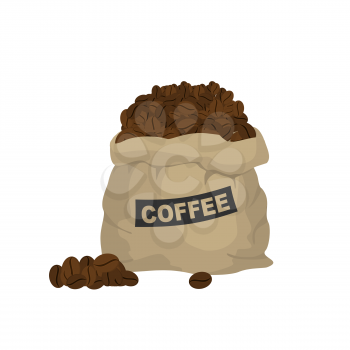 Bag with coffee. Large cloth bag full of coffee beans. Seeds of tropical plant, coffee tree
