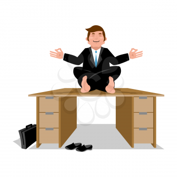 Business yoga. Businessman meditating on table. Manager sitting in lotus position. Meditation on money. Financial yoga. Enlightenment office worker
