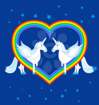 Two blue unicorn and rainbow in heart shape. Fantastic animals on blue sky. LGBT sign. Fabulous beast gay character
