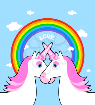 Two pink unicorn and rainbow love. Symbol of LGBT community. Fantastic animal symbol of homosexual love. Blue sky and white clouds. mythical creature
