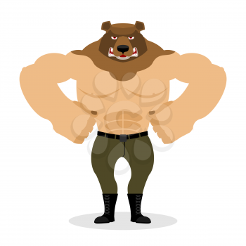 Man Bear. Strong powerful wild evil animal with big muscles. Bodybuilder with beast head. Russian angry Predator muscleman