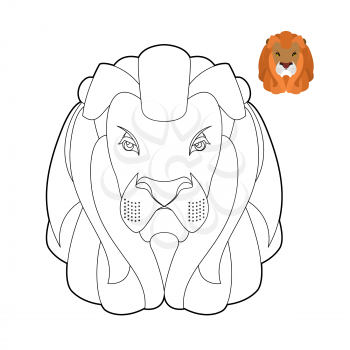 Lion coloring book. Head of predator with shaggy mane. Wild cruel animal savanna. Big Serious beast in linear style
