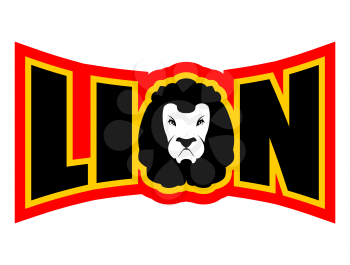 Lion logo. Wild beast with Big mane. Text and angryl animal savanna
