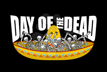 Day of the Dead skeletons and sombrero. Multi-colored skull in Mexican hat. Emblem for National Holiday in Mexico. Illustration Ethnic feast

