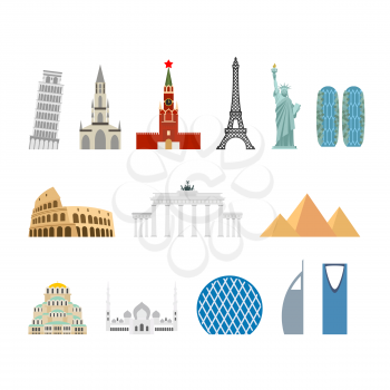 Landmark travel set. Architectural monuments. Known state of building. Eiffel Tower, and Moscow Kremlin. Leaning Tower and Statue of Liberty in USA. Egyptian pyramids and Roman Colosseum. mosque Abu D