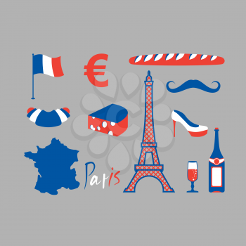 Paris icons set. Traditional French national symbols. Eiffel Tower and croissant. French flag and map. Wine and cheese. Fashion and baguette. Dorblu with mold and euro
Travel sign