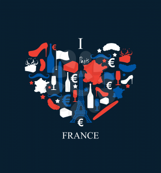 I love France. Traditional French national set of icons in form of heart. Eiffel Tower and croissant. French flag and map. Wine and cheese. Fashion and baguette. Dorblu mold label and euro symbol. Sta