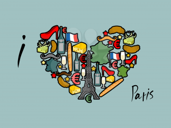 I Love Paris. Traditional French national set of icons in form of heart. Eiffel Tower and croissant. French flag and map. Wine and cheese. Fashion and baguette. Dorblu with mold and euro symbol. Tradi
