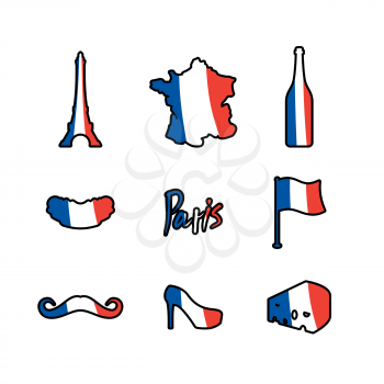 Paris icons set. Traditional French national symbols. Eiffel Tower and croissant. French flag and map. Wine and cheese. Fashion and baguette. Dorblu with mold and euro
Travel sign