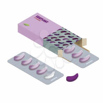 Eggplant pills in pack. Vegetarian vitamins. Tablets box. Natural products for health in form of fresh aubergine. Medicament vegetable. Medical drugs.